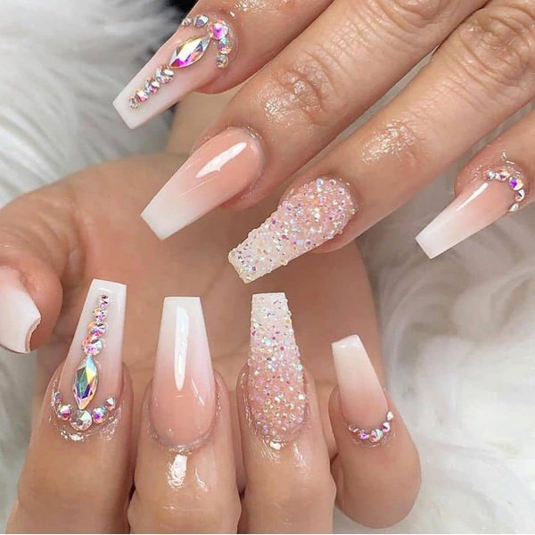 Yivaiks 24 Pcs Advanced Hand Made Customization Press on Nails, Luxurious Rhinestone Design Ballerina Fake Nails，Perfect Accessory for Banquets, Soirees, Parties(GD-004)