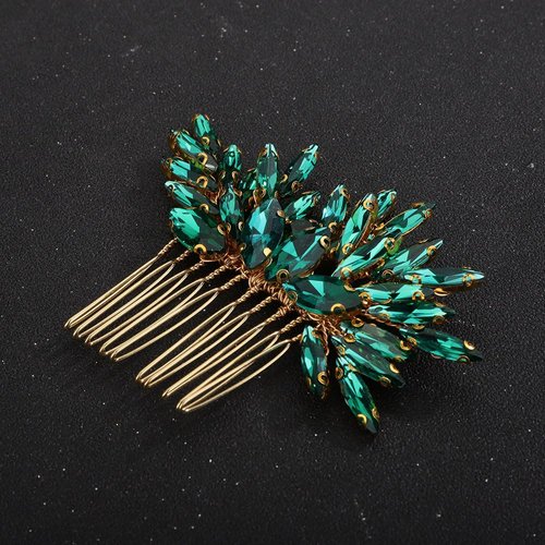 Teyglen Bridal Wedding Hair Comb Gold Green Crystal Bride Hair Side Comb Handmade Green Blue Black Rhinestone Crystal Hair Pieces Hair Accessories for Bride Vintage Headpieces for Women Bride Girls