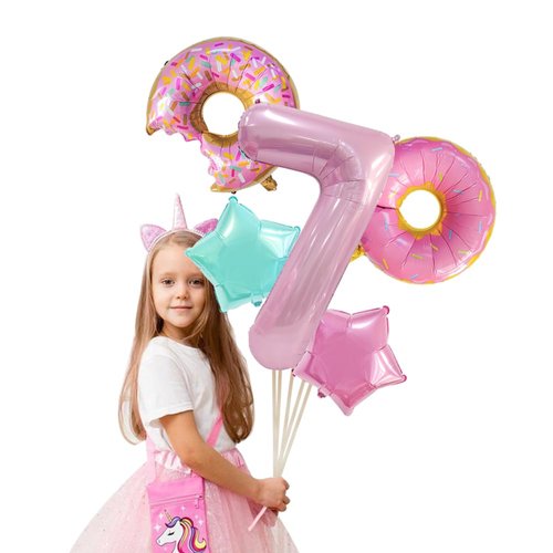 Donut Birthday Decorations, 6 PC Dokuna Donut Balloons 7th Birthday Decorations for Girls, Giant Number 7 Foil Mylar Balloon, 7 Years Old Donut Theme Birthday Party Supplies Decor (Donut-7)