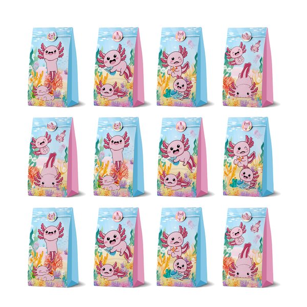 WADACIPPSELLER 12Pcs Axolotl Birthday Party Decorations Party Favor Bags with 12Pcs Stickers Axolotl Party Goodie Treat Bags Candy Bags for Axolotl Birthday Party Supplies