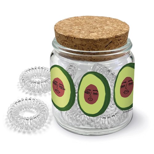 Spiral Hair Ties in Avocadoze Decorative Glass Jar by Studio Oh! - 14-Count Clear Spiral Ties for Hair with Reusable Glass Jar - Won't Damage or Crease Hair