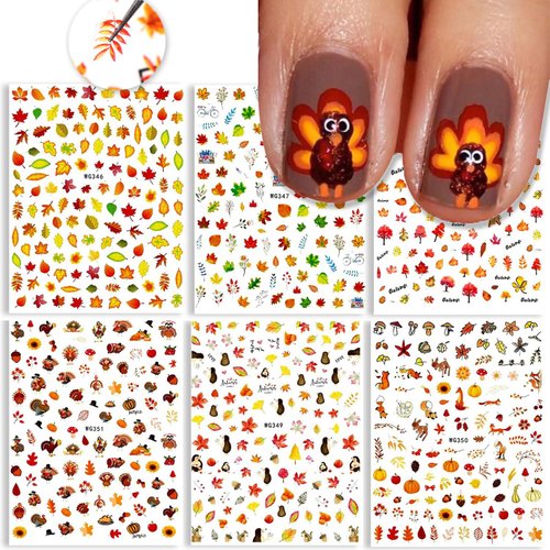 Fall Nail Stickers Thanksgiving Autumn Nail Art Decoration Supplies Fall Maple Leaves Thanksgiving Turkey Design Yellow Nail Decal 3D Self-adhesive for Women DIY Acrylic Nail Decorations 6sheets (C)