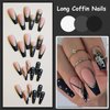 MISUD Press on Nails Long Coffin Fake Nails Matte Glue on Nails Ballerina Acrylic Nails Bling Snowflake Glitter Artificial Nails Black Gradient French Tip Stick on False Nails with Design 24 pcs