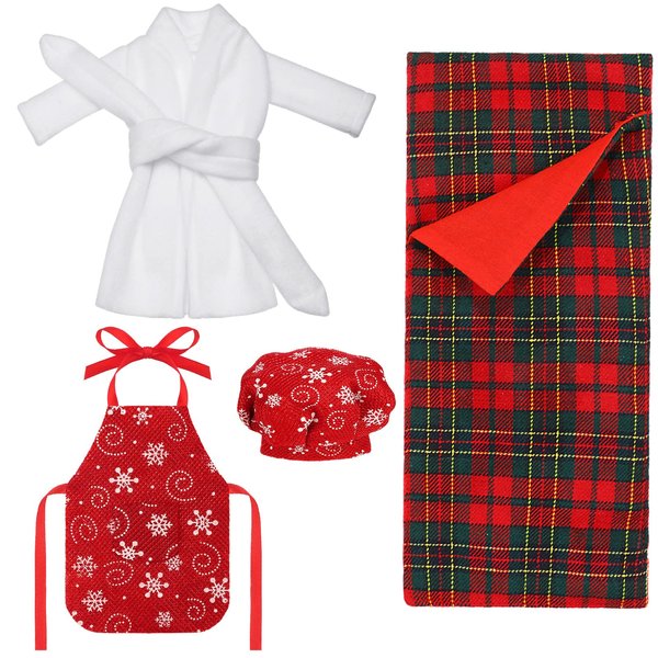 4 Pieces Christmas Elf Doll Accessories Set Santa Clothing Include Elf Sleeping Bag,Bathrobe, Apron and Cap, Christmas Elf Doll Sleeping Bag Set for Elf Doll Clothes Kit(Snowflake Style)
