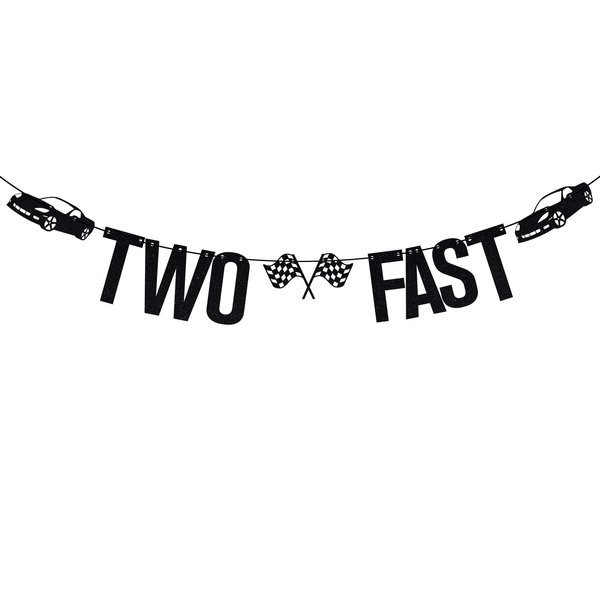 Two Fast Banner, Race Car Theme Party Decorations, 2nd Birthday Decorations, Happy 2nd Birthday Decorations for Boys, Race Car Birthday Decor Black Glitter