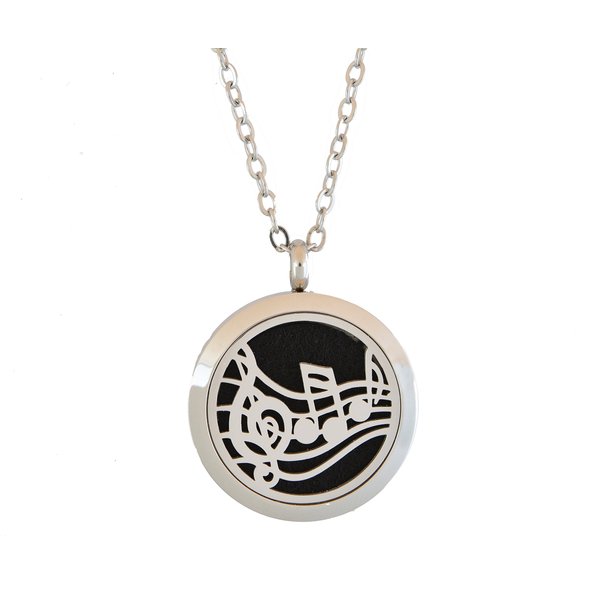 Aromatherapy Essential Oil Diffuser Stainless Steel 30MM Silver Magnetic Locket Pendant with Chain Necklace and Colored Refill Pads & Diffuser Bracelet All in a Velvet Bag (Music)