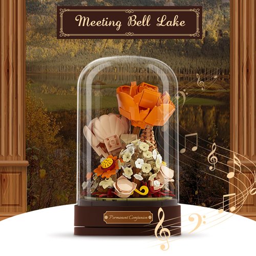 MEIEST Building Blocks Flowers Bouquet Set with Music Box and Dust-Proof Dome,Simulation Artificial Particle Flower Collection Construction Building Bricks Toy,Home Decor (Yellow)