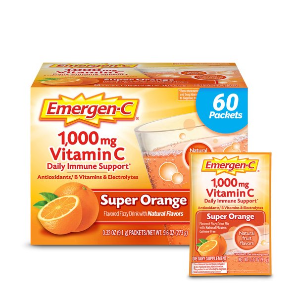 Emergen-C 1000mg Vitamin C Powder for Daily Immune Support Caffeine Free Vitamin C Supplements with Zinc and Manganese, B Vitamins and Electrolytes, Super Orange Flavor - 60 Count/2 Month Supply