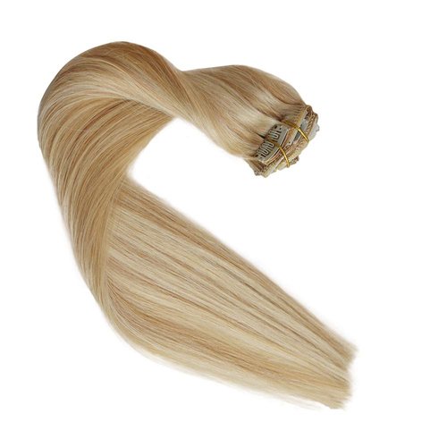 Real Hair Extensions Clip in Blonde Mix Highlighted Long Straight Extensions Human Hair Natural 20inch 70g 7Pcs Silky Comfortable Full Head For Black and White Women