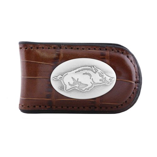 NCAA Arkansas Razorbacks Zep-Pro Crocodile Leather Magnet Concho Money Clip, Tan