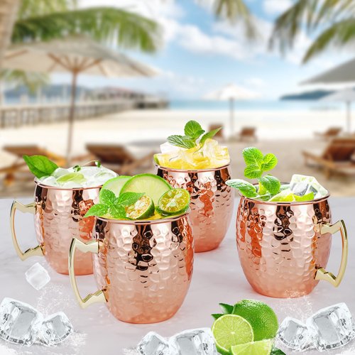 Amrules Moscow Mule Mugs Set of 4, 16 oz Hammered Copper Cups with 304 Stainless Steel Lining and Gold Brass Handles, Perfect for Cold Drinks, Beer, Wine, Bars, Parties, Gifts