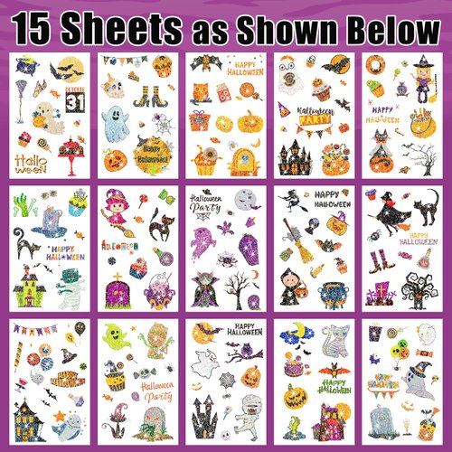 Partywind Glitter Temporary Tattoos for Kids Halloween Party Supplies, 155 Styles Halloween Tricks Games for Trick or Treat Party, Halloween Goodie Bag Stuffers Fillers Toys for Children (15 Sheets)