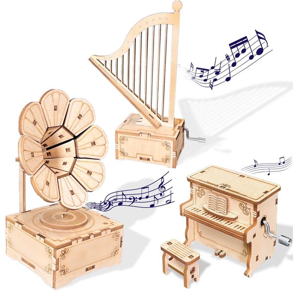 CYAZOO 3in1 3D Wooden Puzzle for Adults Music Box Set-Kids DIY Musical Instrument Model Assembly Puzzles Hands Craft Building Kits Home Decoration (3PCS: Gramophone+Piano+Harp)