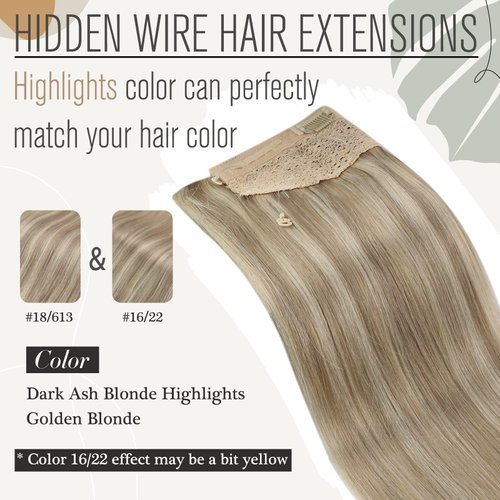 [Hot]Sunny Wire Real Human Hair Blonde Highlight Invisible Fish Line Remy Hair Extensions Dark Ash Blonde Highlights Golden Blonde Wire Hair Extensions Real Human Hair for Back to School 80G 18Inch