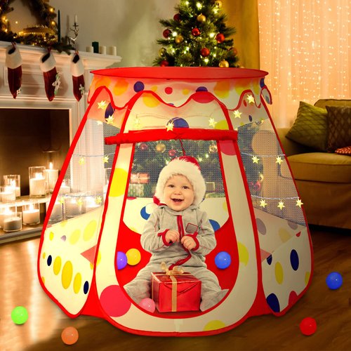 PopUp Princess Tent, Toddler Girl Toys Baby Ball Pit with LED Star Lights, Foldable Kid Play Tent with Carrying Bag, Indoor Outdoor 1 2 3 Year Old Girls Toy Gift for Birthday/Christmas, Red