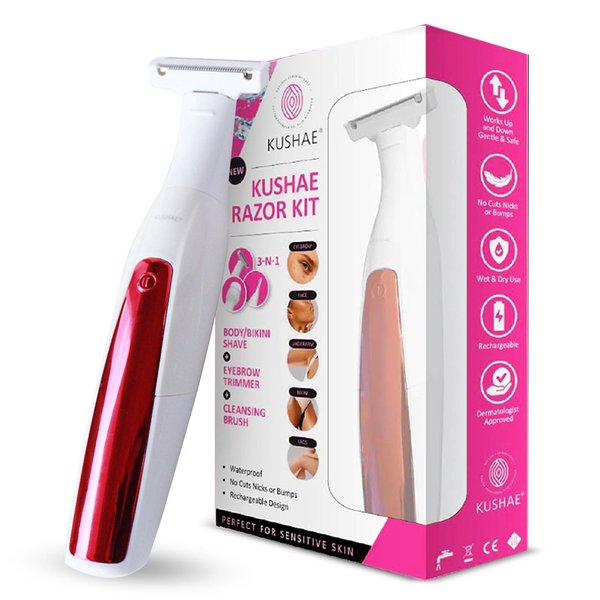 Kushae 3-in-1 Razor Kit for Women - Female Shaving Razor - Eyebrow Trimming Tool - Waterproof Cleansing Device - Rechargeable Hair Removal Trimmer for Legs, Bikini, Underarms, Face & Hands