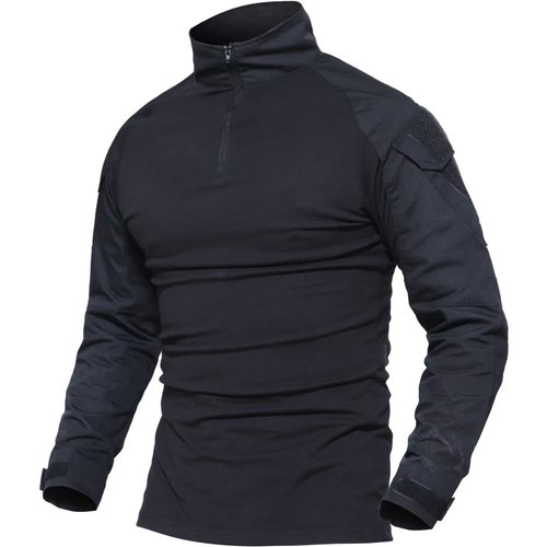 MAGCOMSEN Men's Tactical Camo Shirt - Quick Dry, Zipper, Long Sleeve, Fishing & Military (Black)
