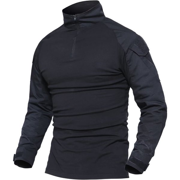 MAGCOMSEN Men's Tactical Camo Shirt - Quick Dry, Zipper, Long Sleeve, Fishing & Military (Black)