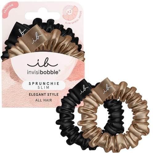 invisibobble Sprunchie Slim Black Gold I 2 x Fabric Hair Ties Gold Black for Girls and Women I No Tangles Strong Hold Hair Gentle Scrunchie Hair Scrunchie