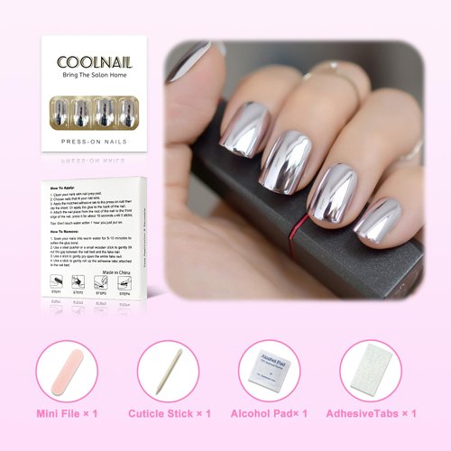 Coolnail Shiny Punk Style Metallic Light Purple False Fake Nails Metal Plating Acrylic Short Reflective Mirror Press on Nail Art Tips