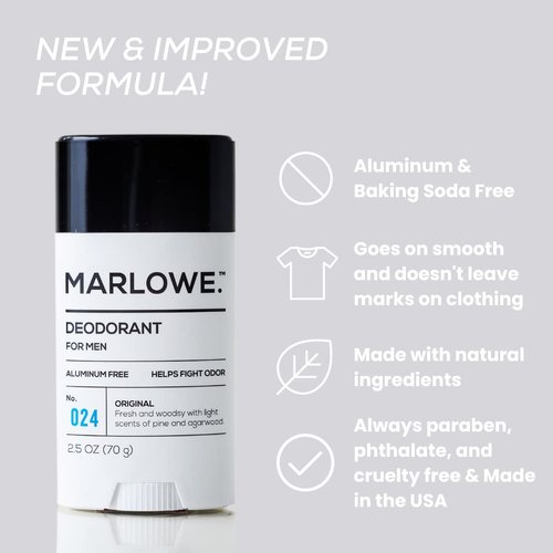 MARLOWE. No. 024 Natural Deodorant for Men 2.5oz | Aluminum Free Stick | Made with Coconut Oil, Shea Butter, Jojoba | Only No-Nonsense Ingredients that Work Best | Fresh & Woodsy Scent