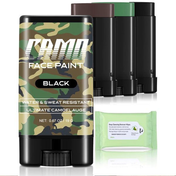 CCbeauty 3-Color Camo Face Paint+10 Wipes-Oil Camouflage Hunting Accessories for Spirit Week,Water & Sweat Resistant Safe Army Militarty Makeup Stick for Costume Party,Cosplay, Black+Brown+Green