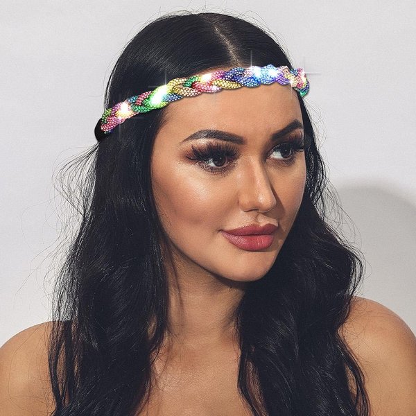 JEAIRTS Led Rhinestone Headband Crystal Headpieces Sparkly Forehead Head Chain Elastic Braided Hair Band Halloween Prom Hair Jewelry for Women and Girls (3-Colorful)