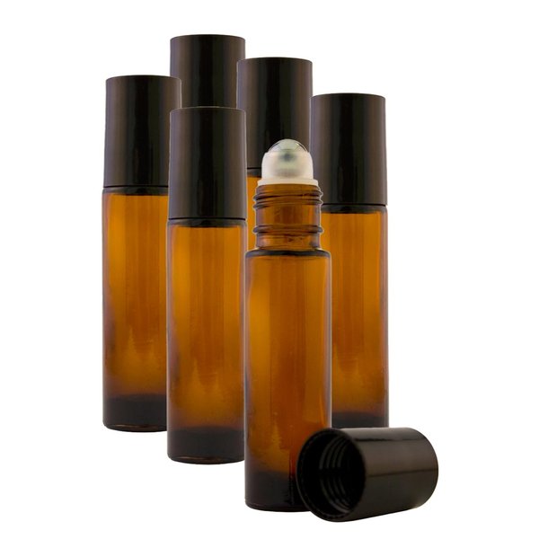 6 Pack - Empty Roll on Glass Bottles [STAINLESS STEEL ROLLER] 10ml Refillable Color Roll On for Fragrance Essential Oil - Amber Color