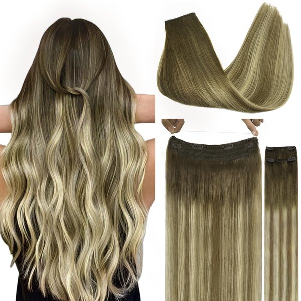 GOO GOO Wire Hair Extensions Human Hair, 3/8/613 Walnut Brown with Ash Brown and Bleach Blonde Balayage 16inch 125g, Invisible Wire Hair Extensions with Transparent, Seamless Fish Line Hairpiece