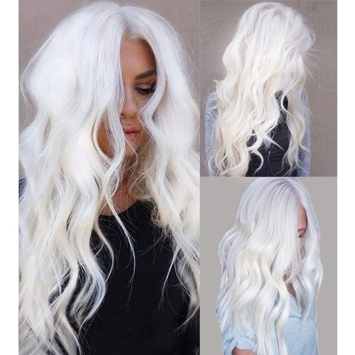 Tseses White Curly Long Wigs for Women Wavy Middle Part Natural Looking Heat Resistant Wigs Daily Use Halloween Party Hair(27.5 inch