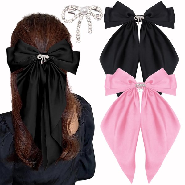 Big Bow Hair Clips for Women And Girls, Cute Silky Satin Bows Barrettes Hair Accessories Oversized Long Tail Ribbons Metal Hairpin 2pcs (black+pink)