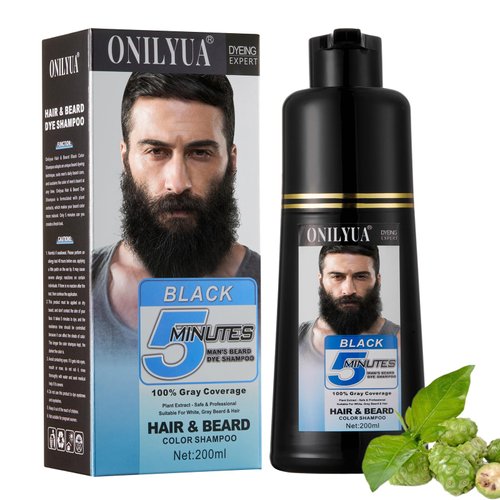 Men's Black Beard Dye for Gray Hair,Beard Color & Hair Dye Shampoo 3 in 1 for Men,Mustache & Beard Dye Black Works in Minutes,Long Lasting Beard Coloring,Herbal Black Hair Shampoo 6.76 Fl Oz