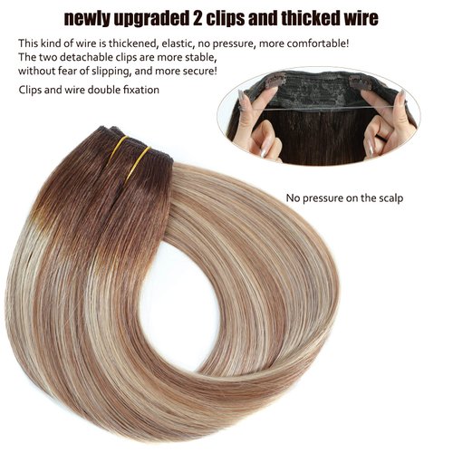 Ugrace Hair Wire Hair Extensions Real Human Hair Balayage Light Brown to Ash Brown and Bleach Blonde 20 inch 100g Transparent Invisible Fish Line Straight Clip in Human Hair Extensions for Women