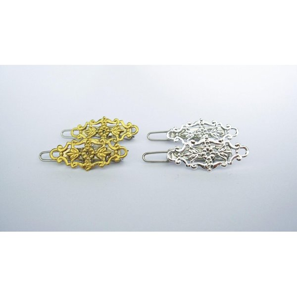 Generic 2 small tiny gold silver metal filigree hair pin barrette clips for fine thin (Primary color: Silver)
