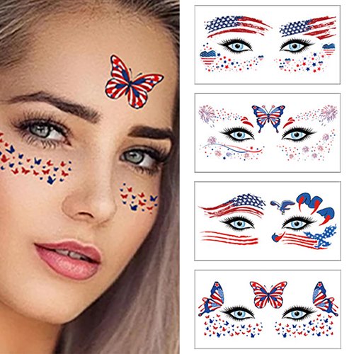 Independence Day Face Stickers 4th July Temporary Tattoos Stickers American Flag Star Butterfly Deisgn Patriotic Face Eye Stickers for Adult Kids Party Favors Supplies 10 sheets