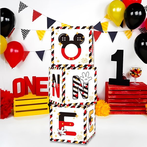Mouse 1st Birthday Party Supplies,Red Yellow Black Balloon Box with Letters，Red Mouse Theme One Years Old Birthday Party Favors for First Birthday Decoration (Red Mouse)