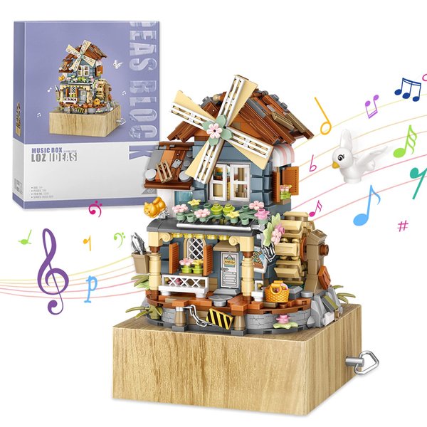Music Box Mini Building Block Set (799 Pcs), Summer Theme Windmill House, Suitable for The Office, Home Window Ornaments, Not Compatible with Lego,Good Choice for Children and Adults Birthday Gifts