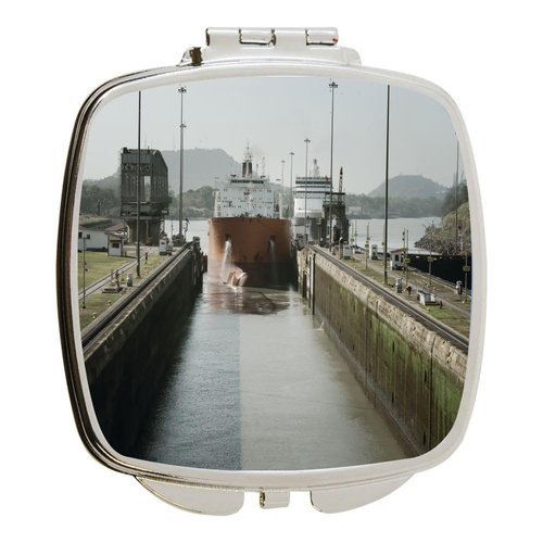 Island Gifting - Image of Large Cargo Ship Entering Miraflores Locks at Panama - Square Compact Mirror - Travel Mirror