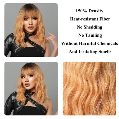 INSGOGO Short Bob Brown to Blonde Wigs for Women with Bangs Heat Resistant Synthetic Wig for Black Women 14 Inch Natural Body Wave Wigs 150 Density Colored Wig for Party Daily