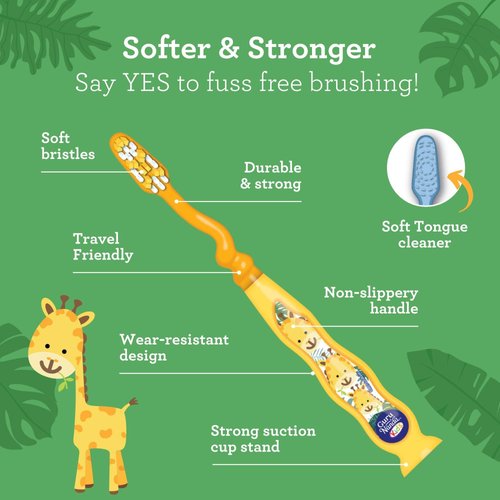 GuruNanda Kids Toothbrush with Suction Cup & Fun Animal Designs - Soft Bristles for Bright Smiles and Healthy Teeth & Gums - Non-Slippery & Mess-Free Toothbrush, Suitable for Ages 3+ - 4 Count