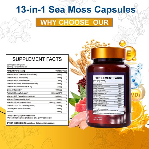 Vccvaa 13-in-1 Vitamin B Complex Plus with Biotin, Inositol, Folate, B12, C, D3, K2 – Energy, Nerve & Immune Support for Men & Women – Vegan, Non-GMO, 120 Capsules