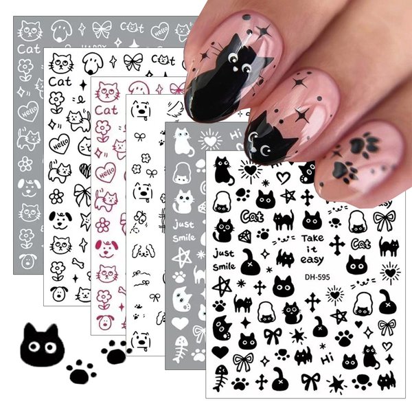 Cute Cartoon Nail Art Stickers Kawaii Cat Nail Stickers Graffiti Cat Dog Flower Star Heart Design 3D Self-Adhesive Nail Decals Black White Nail Art Supply for Women Girls Manicure Accessories 6Sheets