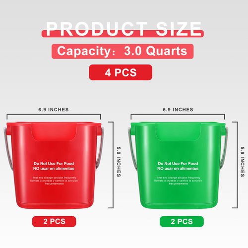 Yaomiao 4 Pcs Cleaning Bucket 3 Quart Small Sanitizing Square Bucket Detergent Pail with Measurements Spout and Handle for Home Commercial Use Restaurant Kitchen Office School (Red, Green)