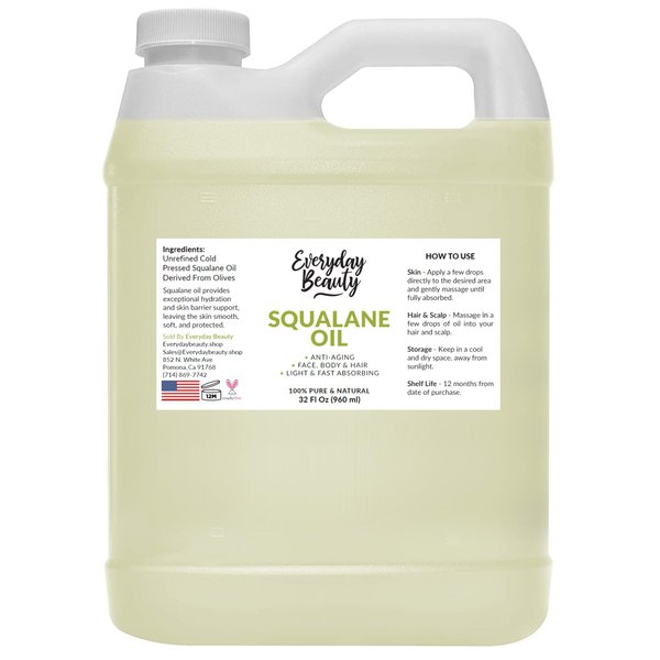 Squalane Oil Bulk- 32 oz 100% Pure & Natural Plant Derived Facial Oil - Cold Pressed and Unrefined Premium Grade Multipurpose Moisturizing Oil For Skin and Hair