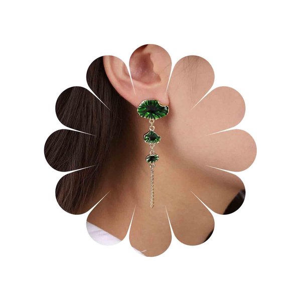 Sttiafay Vintage Green Lotus Leaf Earrings Lotus Leaf Drop Earrings Gold Long Leaf Tassel Earrings Green Flower Stud Earrings Jewelry for Women and Girls