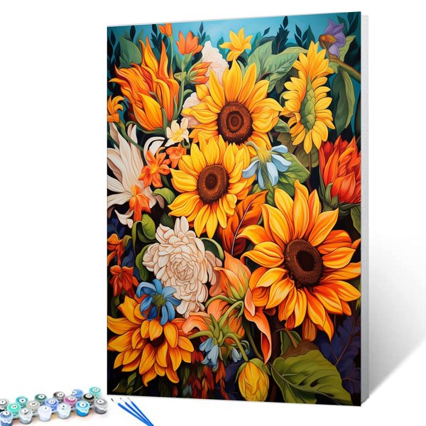Sunflowers Oil Paintwork for Adult Kids Tropical Plants ,Wildflowers Paint by Numbers on Canvas Dahlia Floral Easy to Paint with Brushes and Acrylic Pigment Room Decor 16x20inch Gift(DIY Framed)
