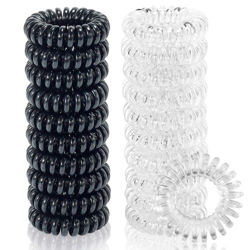 TailaiMei 30 Pcs Spiral Hair Ties, No Crease Coil Hair Ties, Phone Cord Hair Ties for Thick Hair - Women Ponytail Holder Elastics(Black&Transparent)