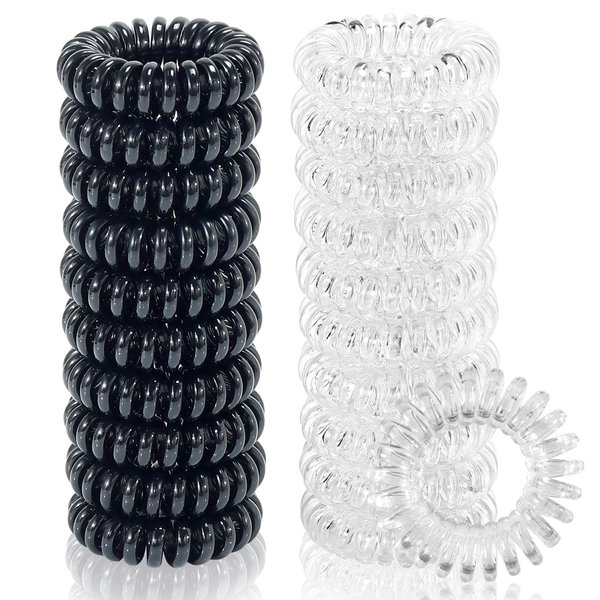 TailaiMei 30 Pcs Spiral Hair Ties, No Crease Coil Hair Ties, Phone Cord Hair Ties for Thick Hair - Women Ponytail Holder Elastics(Black&Transparent)