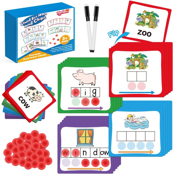 Torlam Elkonin Boxes Phonemic Awareness Phonics Games, Reading Spelling Sound Manipulatives Sight Word Flash Cards, Speech Therapy Toy Kindergarten Elementary Classroom Must Haves Homeschool Supplies