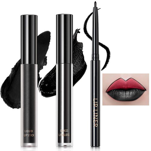 3 PCS Black Matte Liquid Lipstick and Lipliner Set,High Pigmented Matte Lipstick Lipgloss Black Lip Liner Set Long Lasting Waterproof Velvet Liquid Lip Gloss Stain Set for Halloween Gothic Makeup